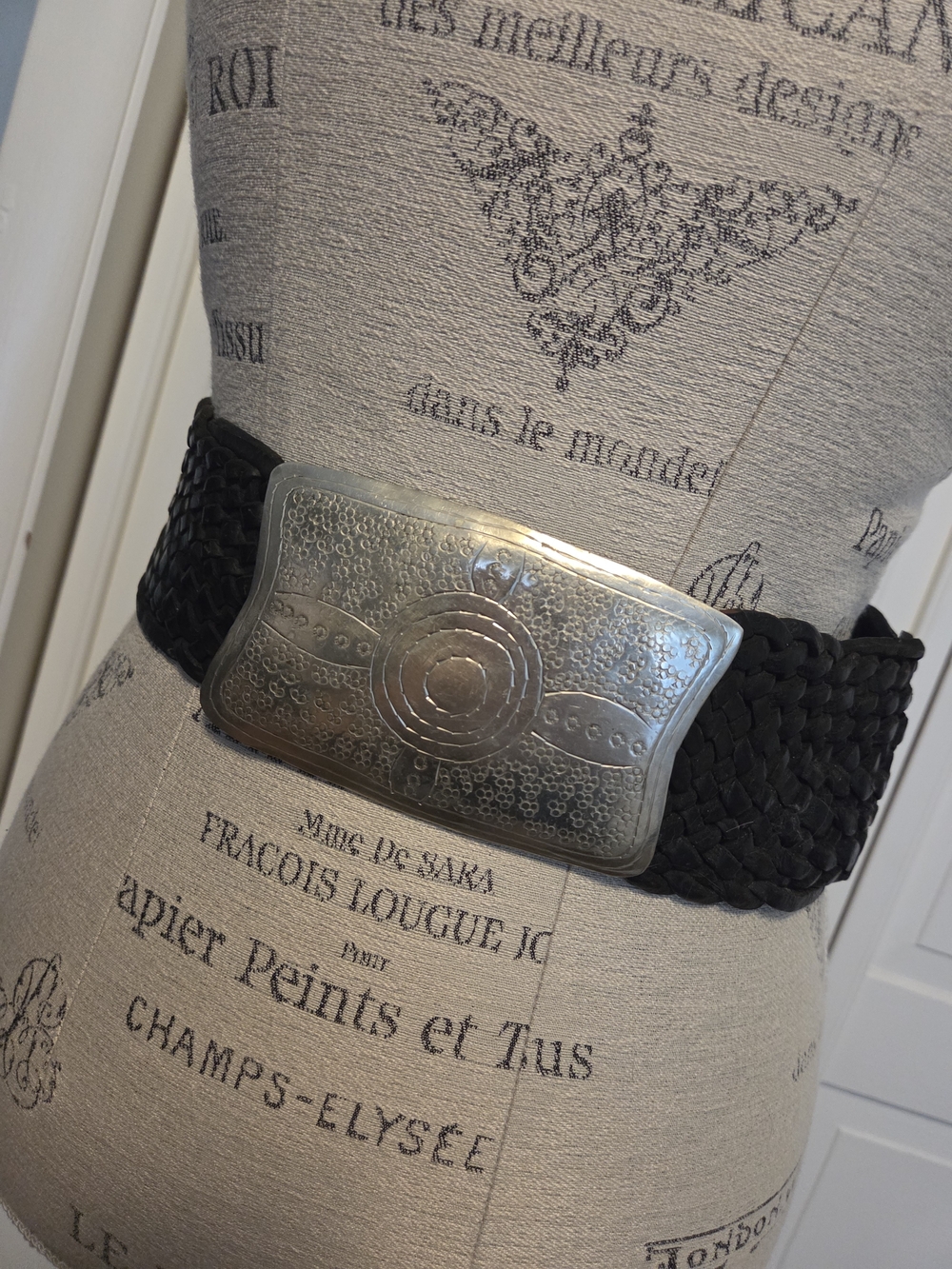 70s Boho Hand-Engraved Moroccan Buckle/ Black Woven Belt
